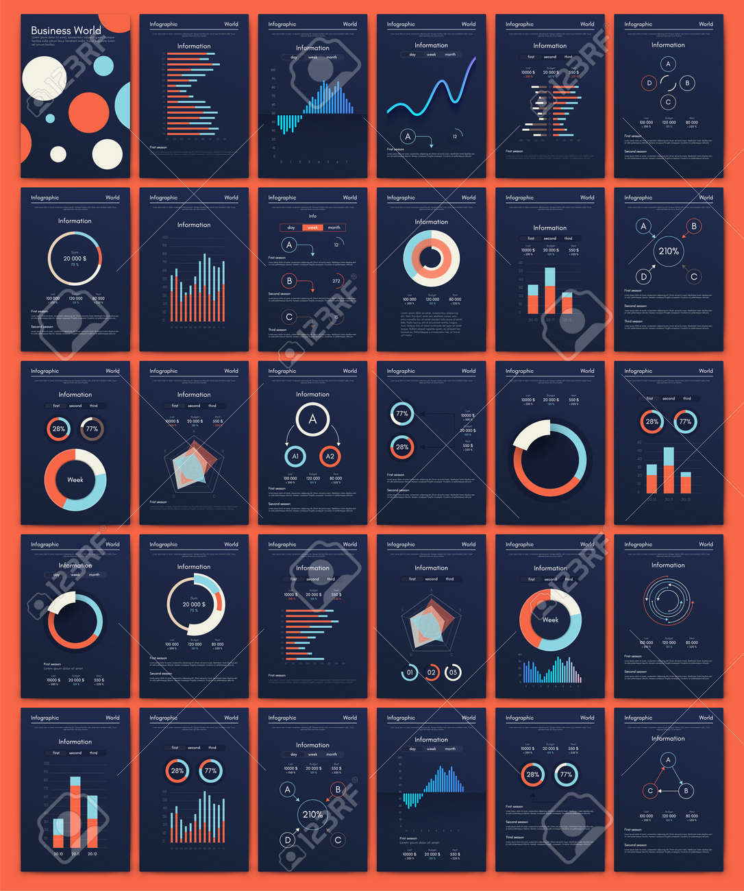웹 사이트 기업 브로셔 광고 및 마케팅 원형 차트 선 그래프 막대 그래프 및 타임라인에서 비즈니스 브로셔 사용을 위한 최신 인포그래픽  벡터 요소 로열티 무료 사진, 그림, 이미지 그리고 스톡포토그래피. Image 167123737