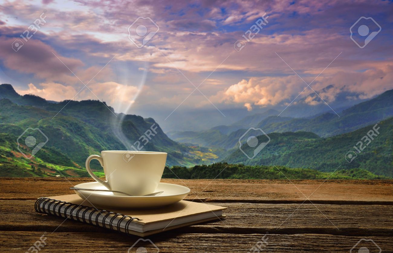 Morning Cup Of Coffee With Mountain Background At Sunrise Stock ... Morning Cup Of Coffee With Mountain Background At Sunrise Stock ...