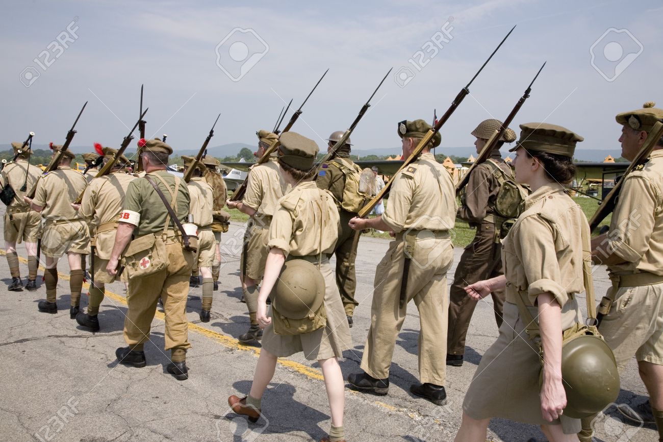 world war ii reenactment of marching troops of great britain stock