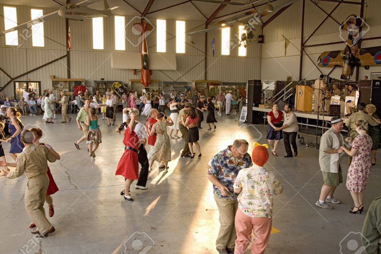 world war ii actors dance in airport hanger at mid atlantic air