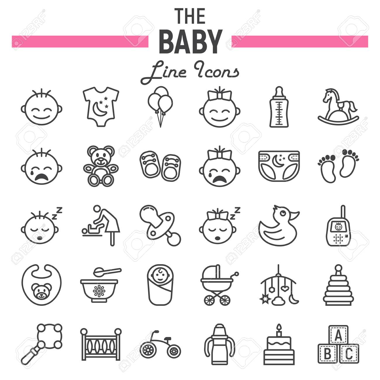 Jeu D Icones De Ligne Bebe Collection De Symboles Enfant Croquis De Vecteur Illustrations De Logo Paquet De Pictogrammes Lineaires Isole Sur Fond Blanc Eps 10 Clip Art Libres De Droits Vecteurs