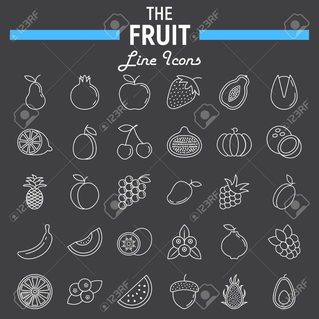 フルーツ ラインのアイコン セット 食品のシンボル コレクション ベジタリアン ベクター スケッチ ロゴ イラスト Eps 10 黒い背景に分離された線形絵文字パッケージ のイラスト素材 ベクタ Image