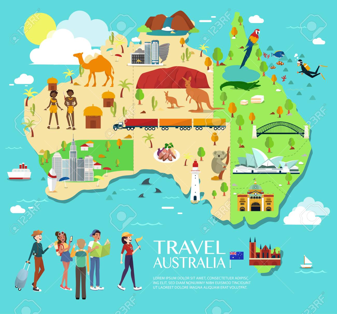 Energize fjendtlighed hed Map Of Australia Attractions Vector And Illustration. Royalty Free  Cliparts, Vectors, And Stock Illustration. Image 116760662.