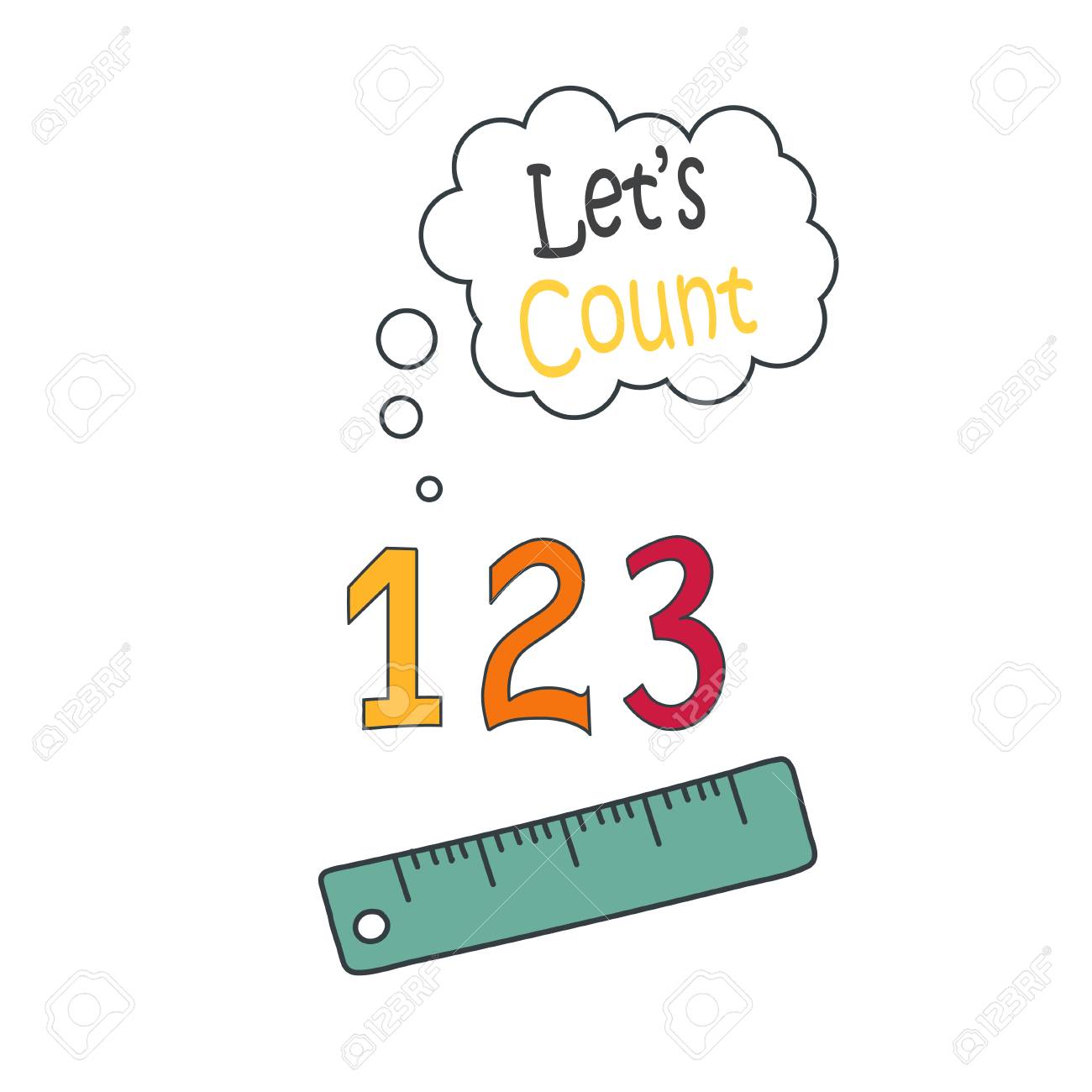 数字123アイコンを持つ漫画落書き手描きベクトル分度定規、学校の  