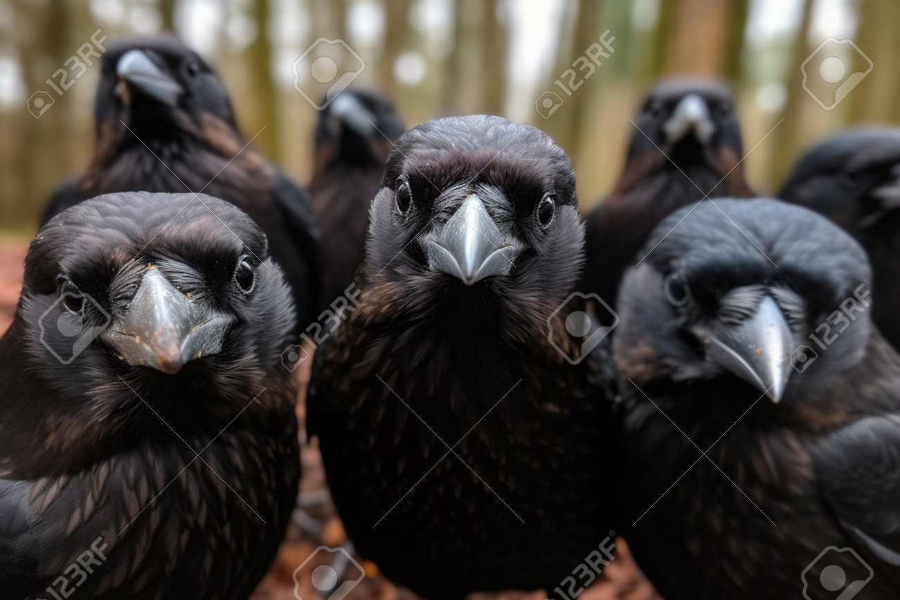 Close Up Of A Group Of Black Ravens In The Park. Generative Ai Stock Photo,  Picture and Royalty Free Image. Image 203917157.