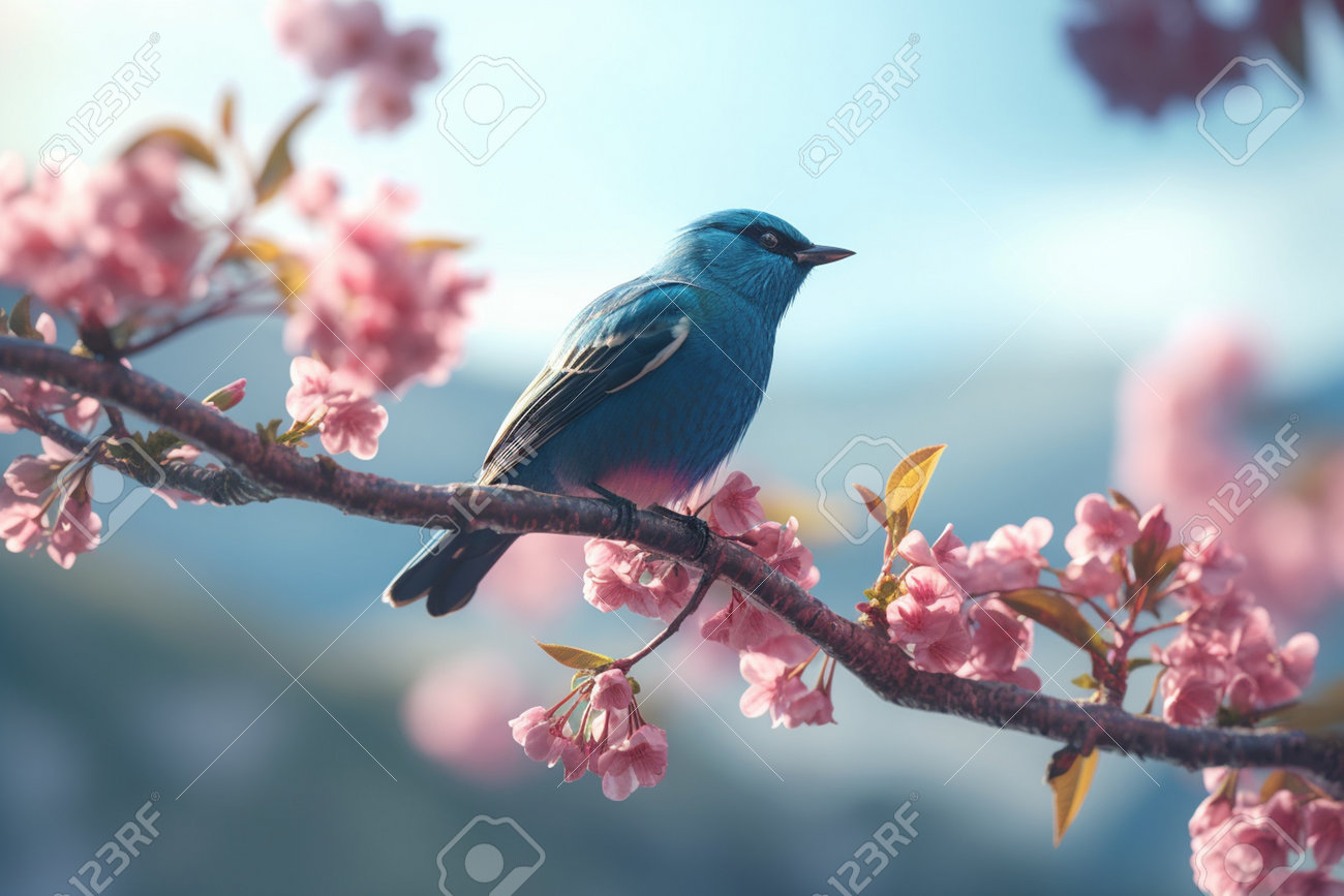 Blue Bird On Sakura Branch With Pink Flowers In Spring Time.の写真