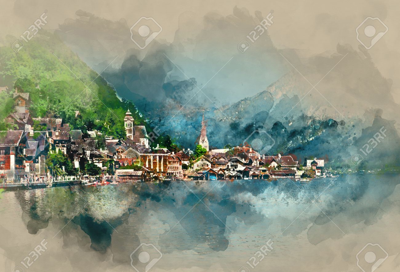 Hallstatt village, oldest village in Austria. Digital watercolor painting - 56640639 Hallstatt village, oldest village in Austria. Digital watercolor painting - 56640639