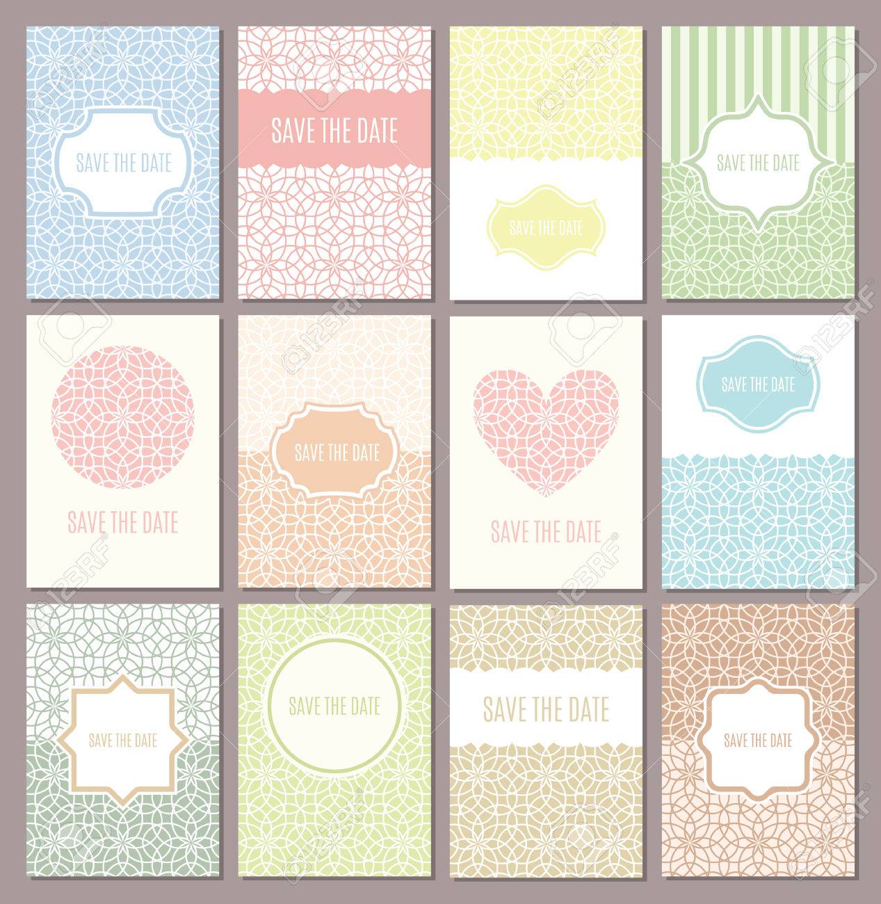 ベクトル結婚式招待状 を設定します レトロでモダンなデザイン ヴィンテージのパステル色のカードの日付を保存します 抽象的な花模様 フレーム バッジ ラベルを行します 心と花の 挨拶テンプレート のイラスト素材 ベクタ Image
