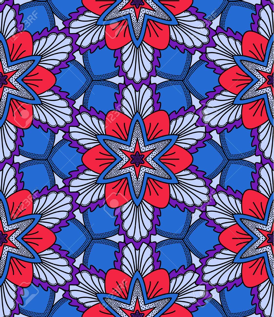 モノライン花のシームレスなパターン ラインのデザイン ドット要素 青と赤の色の珍しい花柄 ヒッピー自由奔放に生きるシックです 80 年代や 70 年代のスタイルです ファッション生地 壁紙のためのベクトル花 のイラスト素材 ベクタ Image