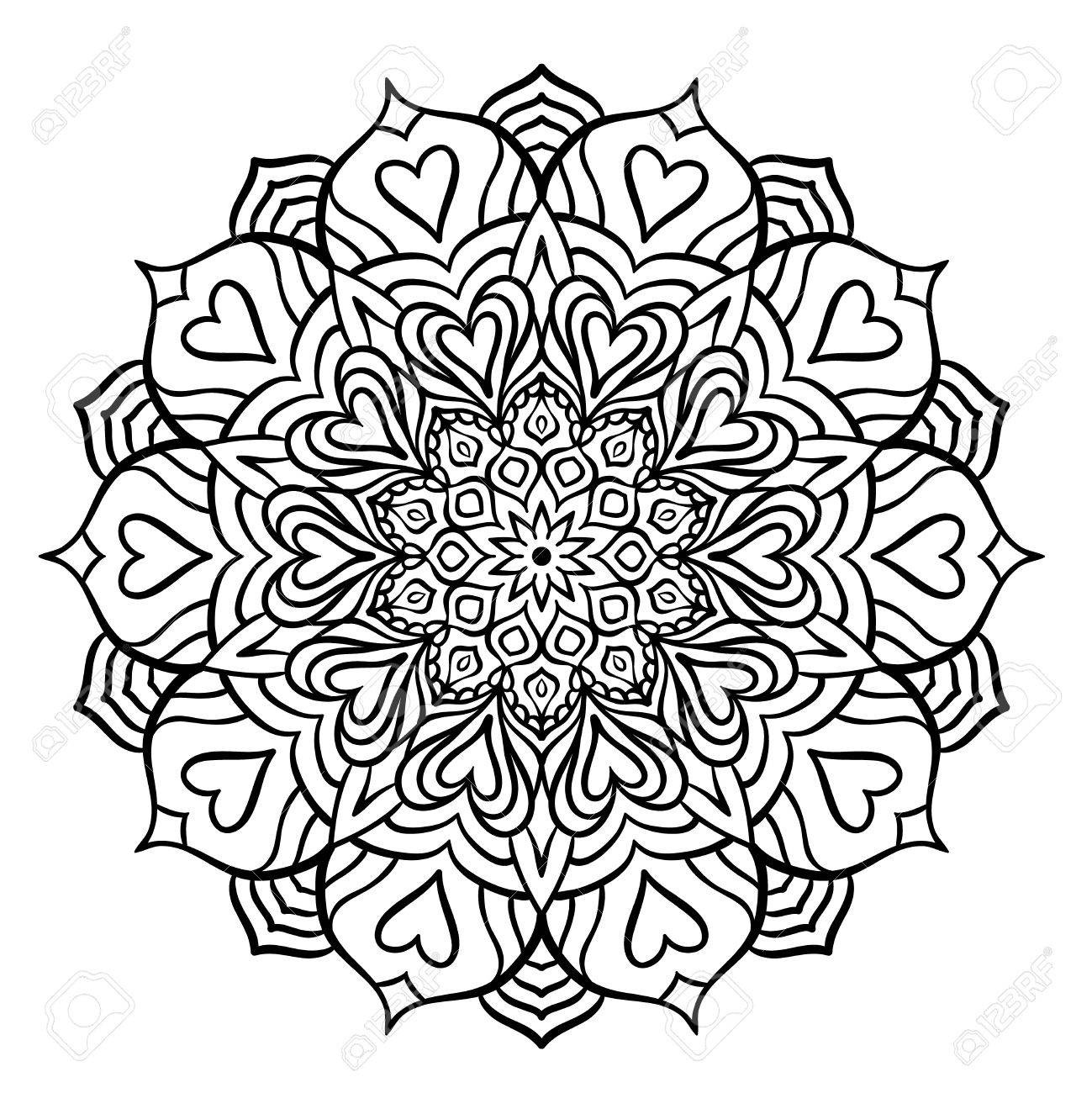 Intricate Mandala Design Black With Hearts For Coloring Line Isolated On White Background Outline