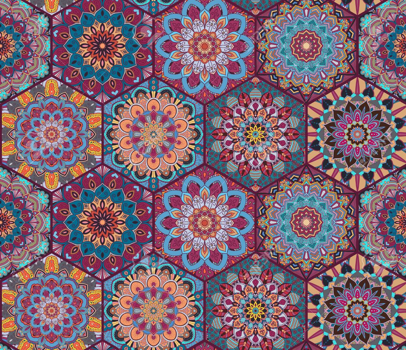 カラフルなタイル 自由奔放に生きるパターン 六角形のマンダラの背景 抽象的な花飾り のイラスト素材 ベクタ Image