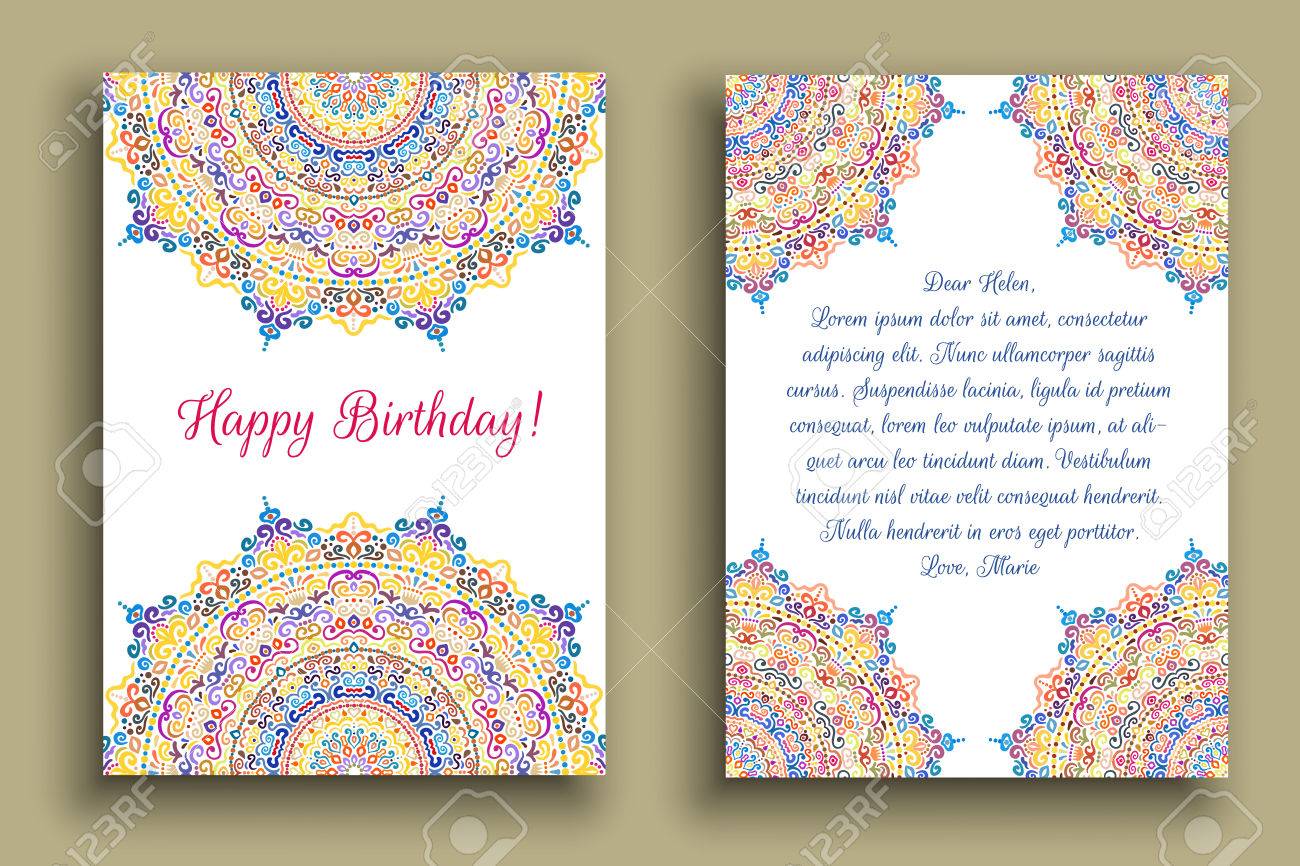 Voeux D Anniversaire Modele D Invitation Au Mandala Flourish Motif Colore Ornement Rond De Luxe Sur Fond Blanc Elements Decoratifs De Conception Orientale Espace De Copie Pour Le Texte Clip Art Libres De Droits