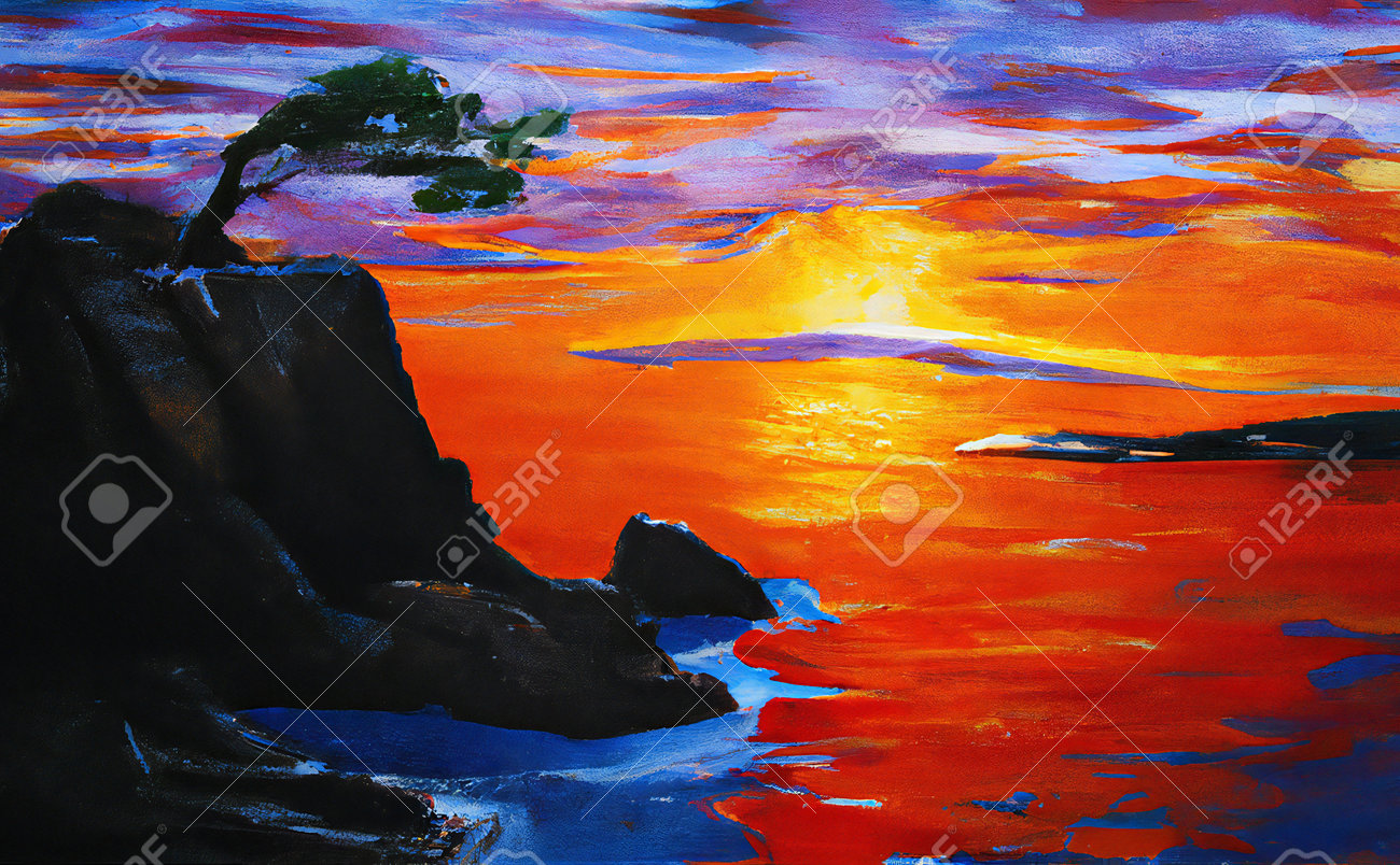 青い海と山の風景を描いた美しい風景画　木製フレーム付き 青い海と山の風景を描いた美しい風景画 木製フレーム付き 青い