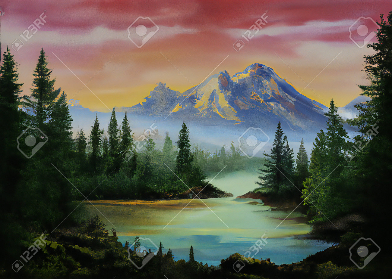 山と湖の風景画 真作】絵画 油彩30号 静寂の山岳湖