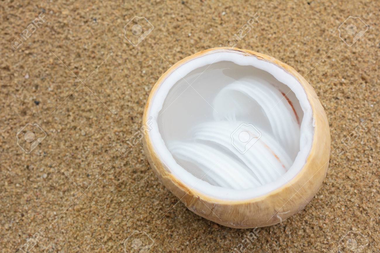 Coconut Water With Coconut Meat In Coconut Shell On Sand Stock Photo Picture And Royalty Free Image Image 22416679