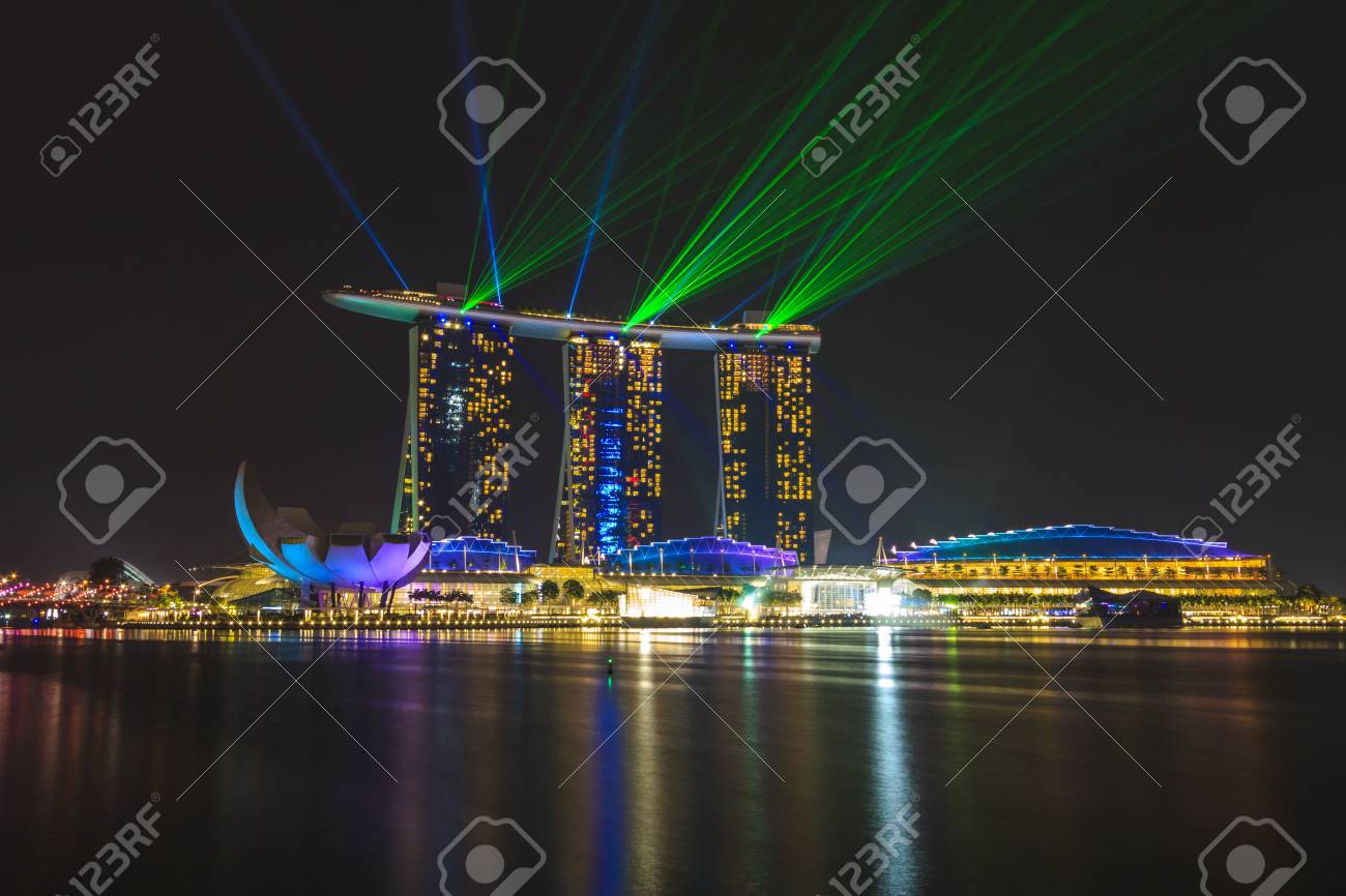 marina bay sands singapore laser and lighting show stock photo