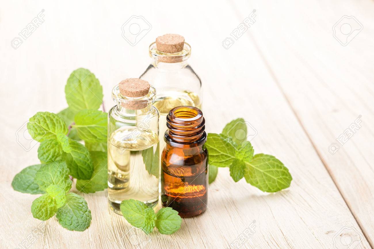 fresh mint essential oil on wooden board - 52433268 fresh mint essential oil on wooden board - 52433268