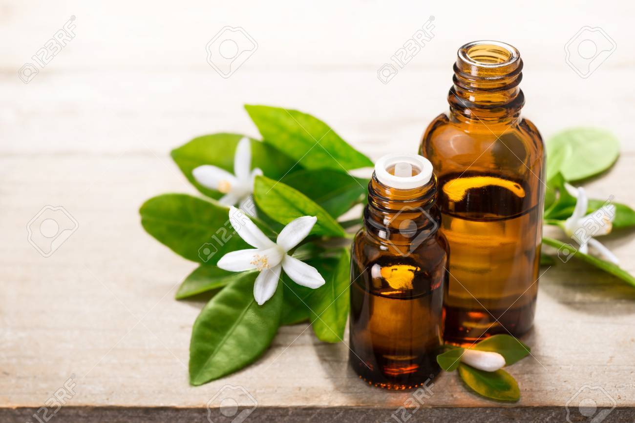neroli essential oil in the brown glass bottle, with fresh white neroli flower and green leaves. - 73793175 neroli essential oil in the brown glass bottle, with fresh white neroli flower and green leaves. - 73793175