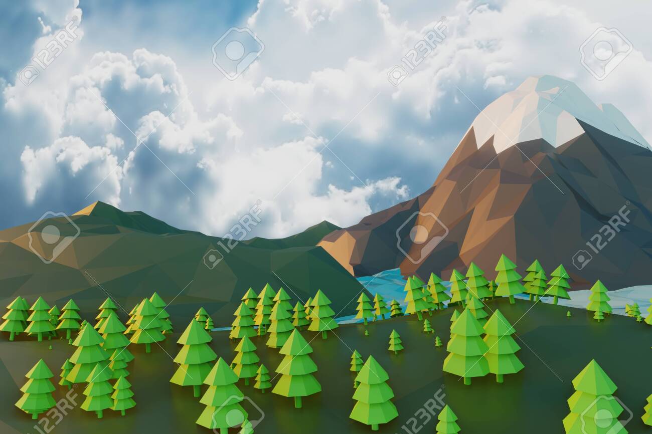 Lowpoly Landscape Nature With Mountains Trees And Clouds Sunset Stock Photo Picture And Royalty Free Image Image 147661933
