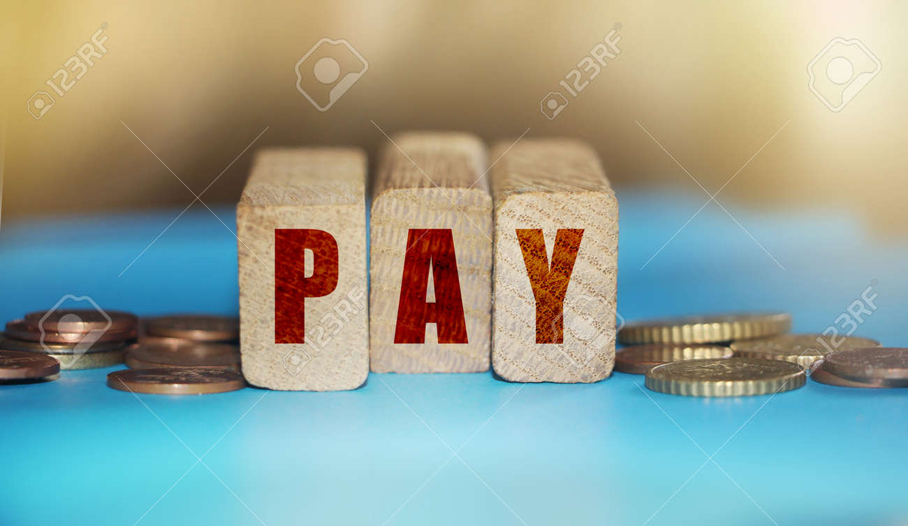 선택적 집중 지불 수수료 및 세금 개념에 관한 동전으로 나무 블록에 단어를 지불하십시오. 로열티 무료 사진, 그림, 이미지 그리고  스톡포토그래피. Image 146265808