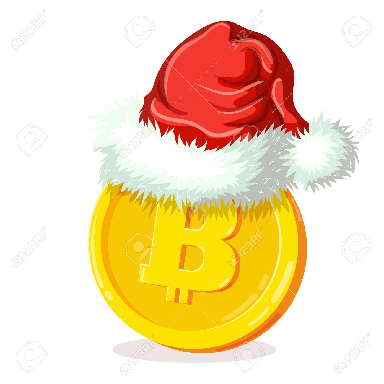 ビットコインシンボルとサンタクロースの帽子。かわいいデジタル通貨。金の暗号通貨。のイラスト素材・ベクター Image 93558284