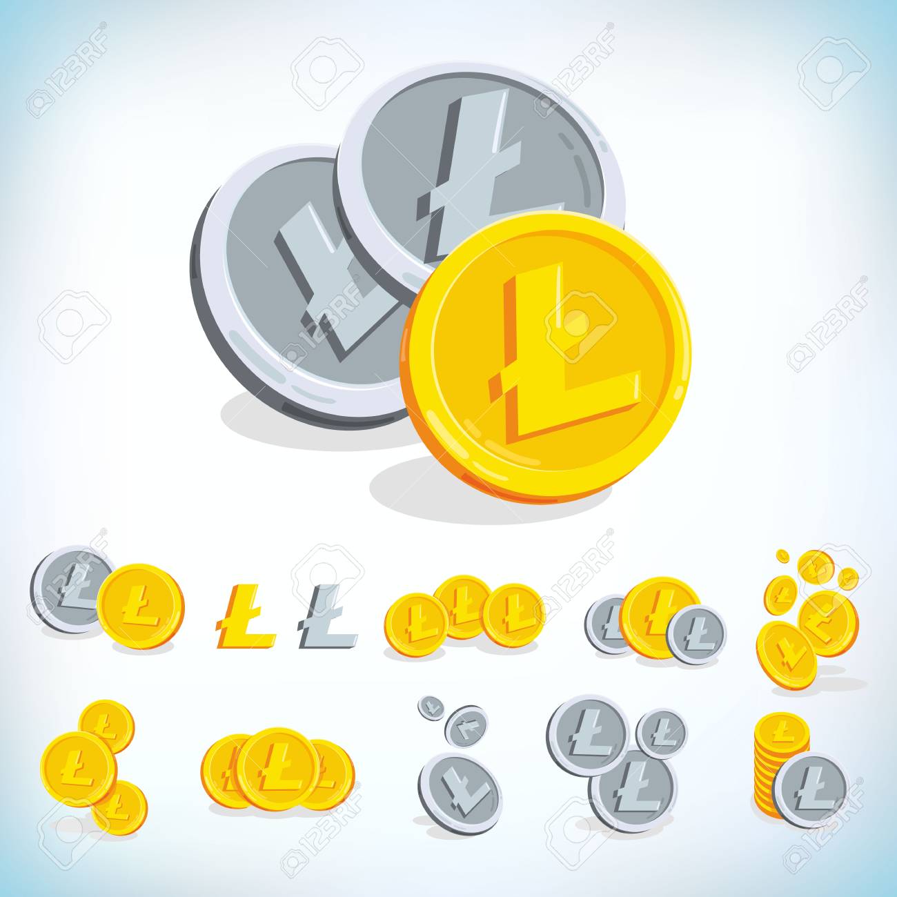 라이트코인. 2D 만화 비트 코인. 디지털 화폐. 암호화폐. 흰색 배경에 고립 된 기호로 황금 동전입니다. 주식 벡터 일러스트 레이  션. 로열티 무료 사진, 그림, 이미지 그리고 스톡포토그래피. Image 102495897