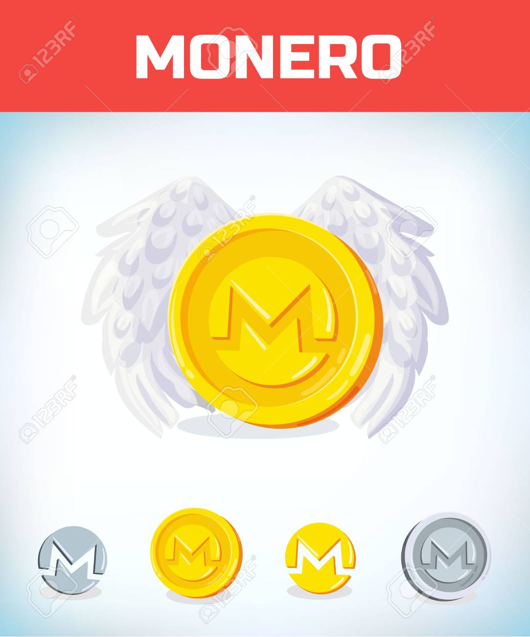 천사 날개를 가진 모네로. 모네로. 디지털 화폐. 암호화 통화. 돈과 금융 기호입니다. 마이너 비트코인 암호화폐. 가상 돈 개념입니다.  만화 벡터 일러스트 레이 션. 로열티 무료 사진, 그림, 이미지 그리고 스톡포토그래피. Image 112203695