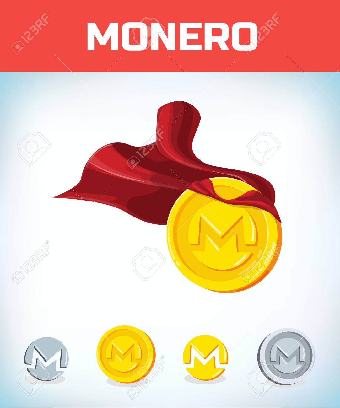 재미있는 슈퍼 영웅 사업가가 모네로를 날고 있습니다. 광부 비트 코인 디지털 통화 암호 화폐. Monero 기호 격리 된 흰색 배경으로  오렌지 동전. 가상 화폐 개념. 만화 벡터 일러스트 플랫 스타일 디자인입니다. 로열티