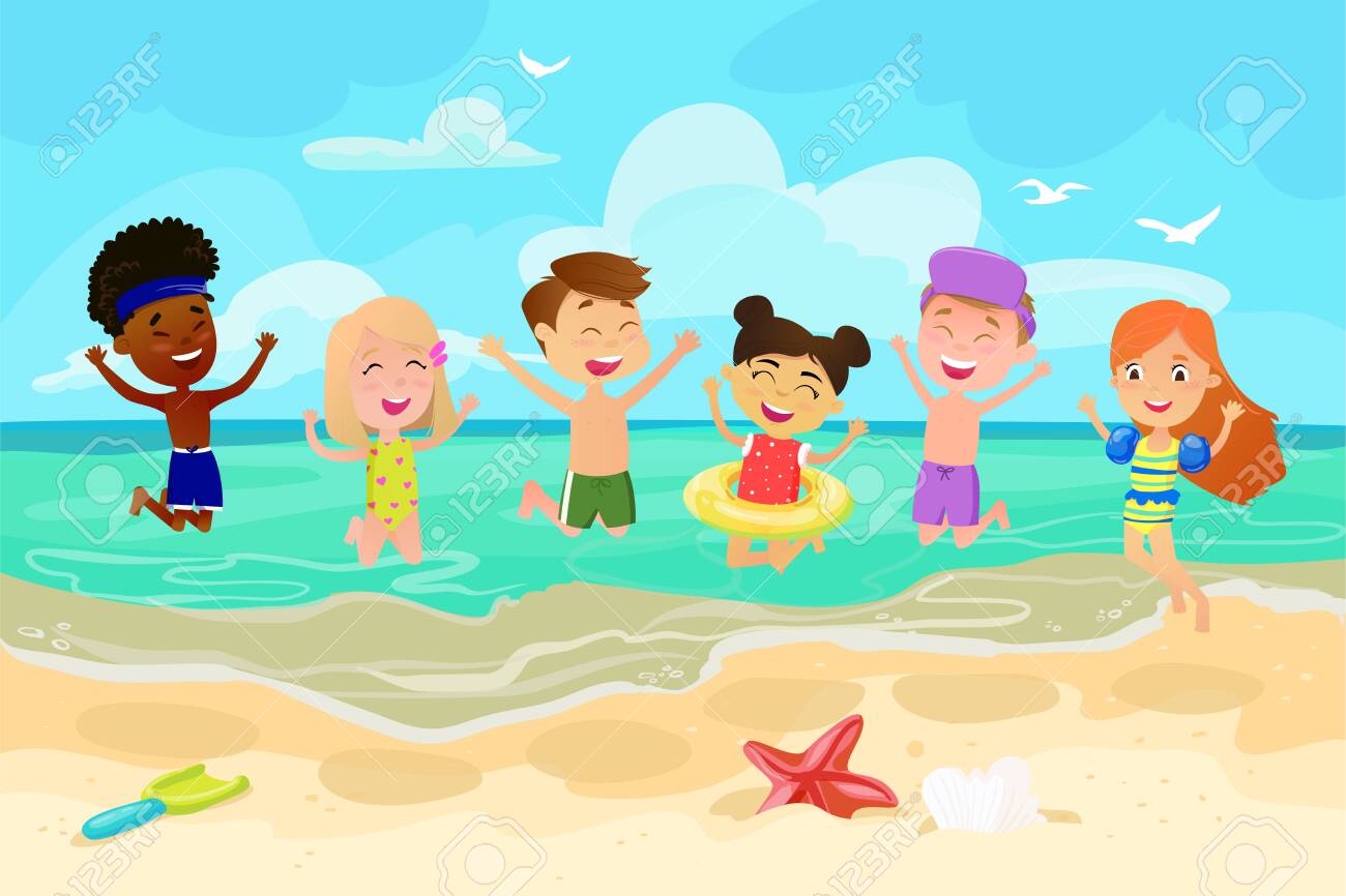 Children Jumping On Beach Happy Cheerful Kids Outdoor Recreation Stock Photo Picture And Royalty Free Image Image 149044810