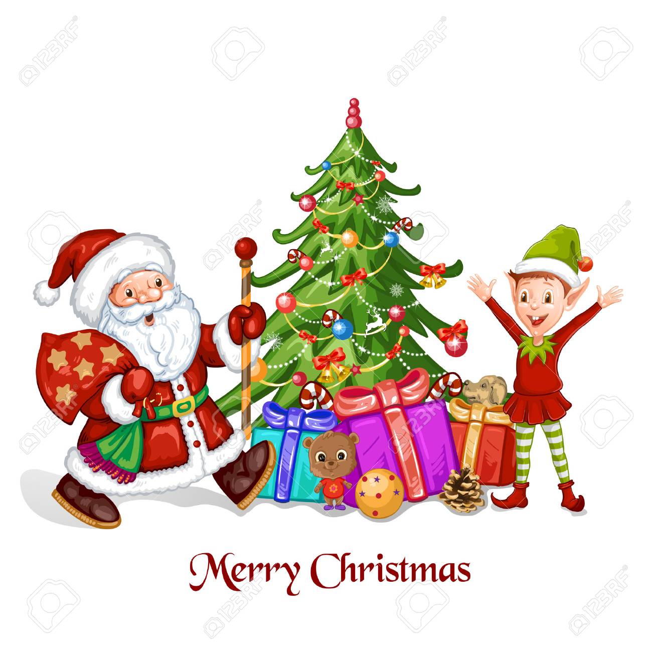 Christmas Greeting With Santa Claus And Elf Royalty Free Cliparts Vectors And Stock Illustration Image 34619349