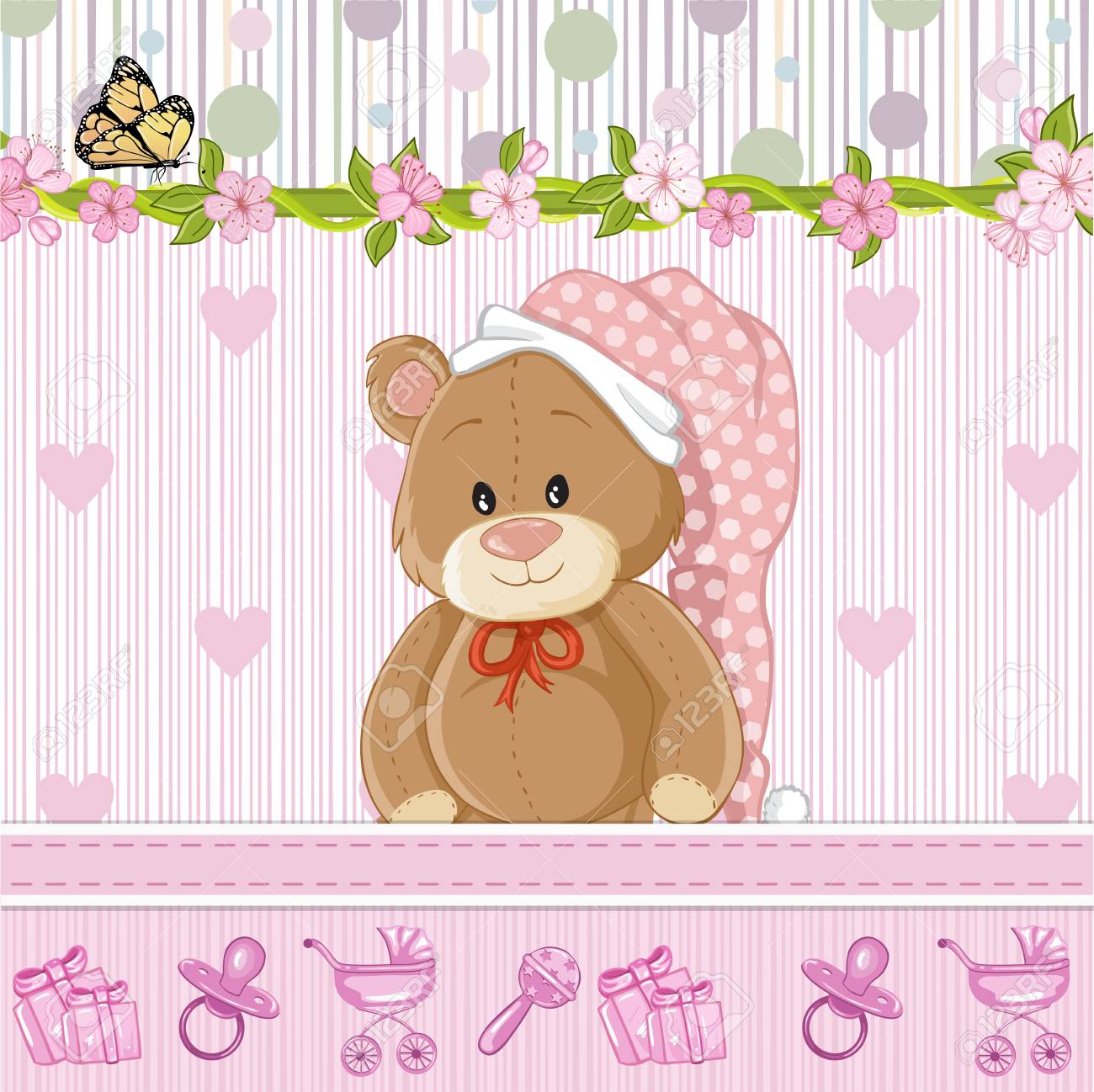 Ours En Peluche Pour Bebe Fille Invitation De Douche De Bebe Clip Art Libres De Droits Vecteurs Et Illustration Image