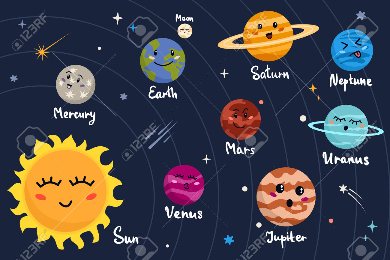 Solar System In Cartoon Style. Colored Cute Funny Characters Sun And  Planet. Клипарты, SVG, векторы, и Набор Иллюстраций Без Оплаты Отчислений.  Image 199636690