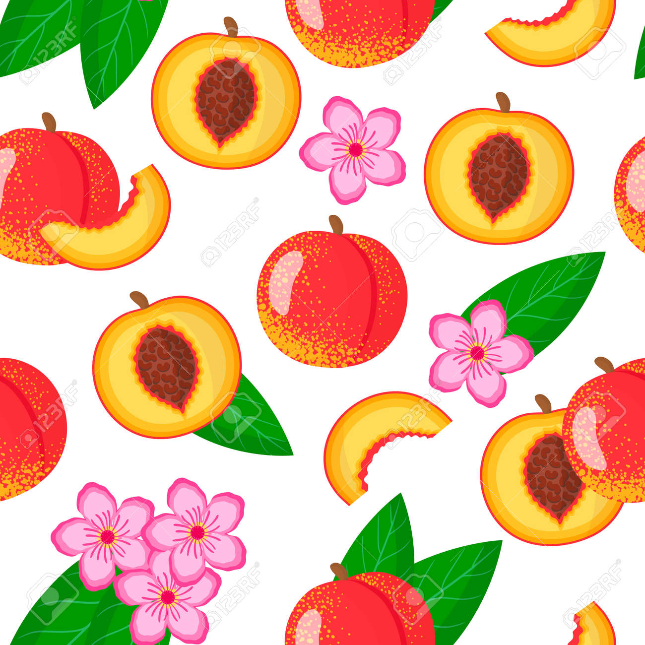 Vector cartoon seamless pattern with Prunus persica nucipersica or Nectarine exotic fruits, flowers and leafs on white background for web, print, cloth texture or wallpaper - 156023274 Vector cartoon seamless pattern with Prunus persica nucipersica or Nectarine exotic fruits, flowers and leafs on white background for web, print, cloth texture or wallpaper - 156023274