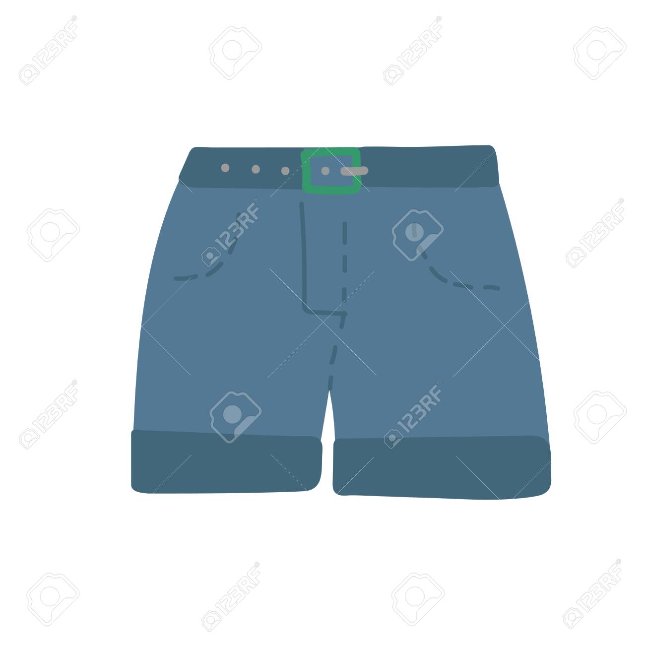 Shorts De Mezclilla Azul Con Bolsillos Y Bragueta. Pantalón Con Cinturón Azul Oscuro Agujeros Y Hebilla. Accesorio De Moda. Ilustración De Vector De Dibujos Dibujados A Mano Aislado En