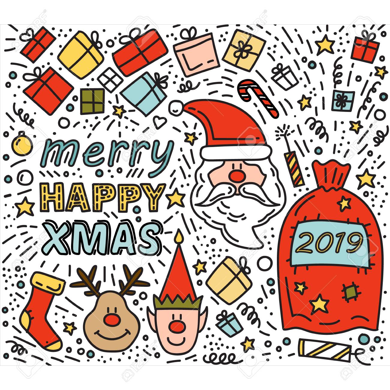 Happy Merry Christmas Doodle Drawing Santa Claus Gifts Rudolph