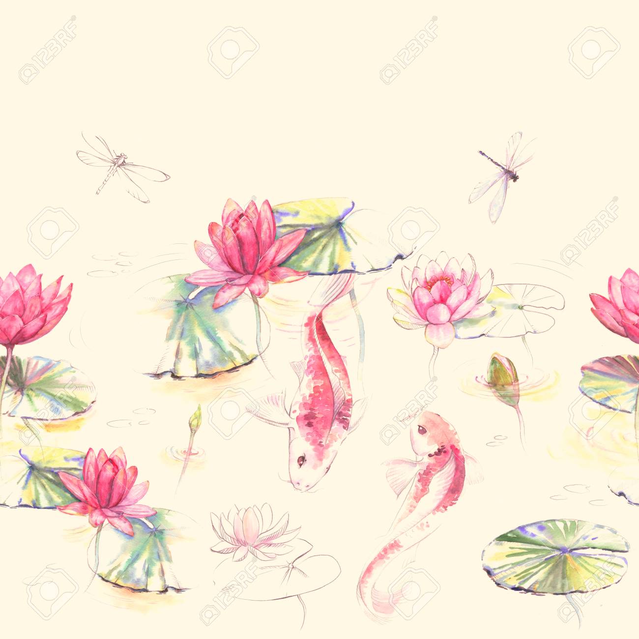 蓮の花 葉 鯉の魚と日本スタイルで手描きの水彩シームレスなパターン 壁紙 織物などのための繰り返し背景 の写真素材 画像素材 Image 蓮の花 葉 鯉の魚と日本スタイルで手描きの水彩シームレスなパターン 壁紙 織物などのための繰り返し背景 の写真素材 画像素材 Image