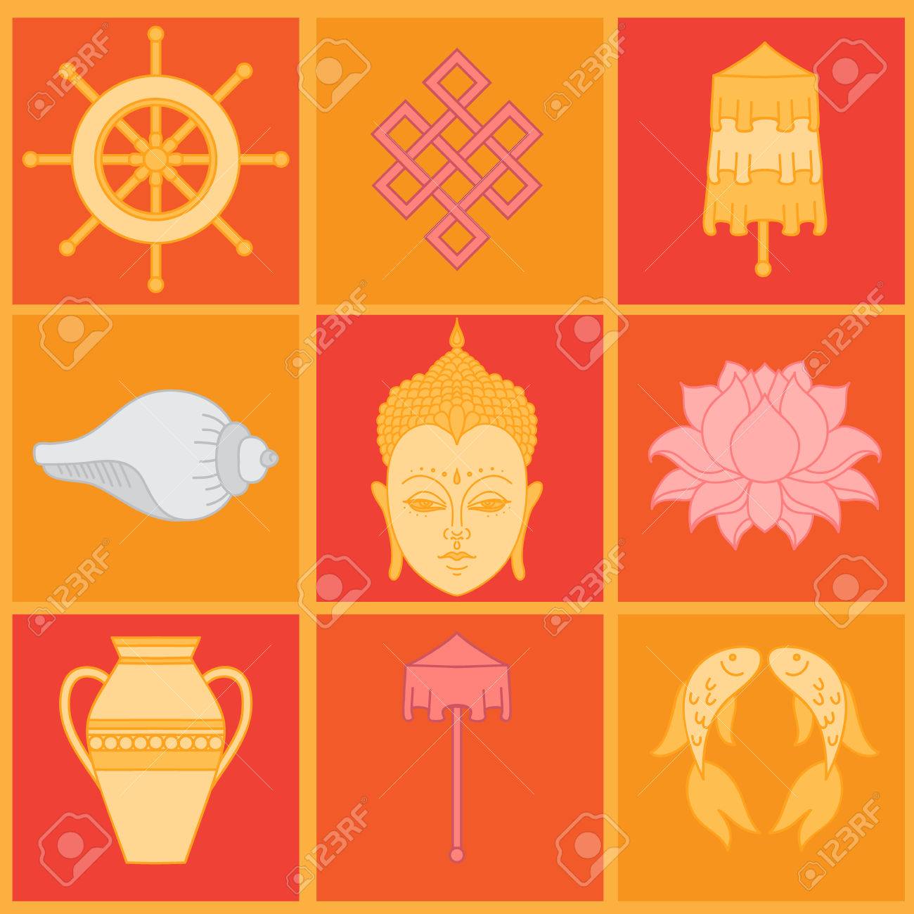 Symbolisme Bouddhiste Les 8 Symboles Auspicieux Du Bouddhisme Droit Enroulé Blanc Conch Precious Umbrella Bannière De La Victoire Golden Fish