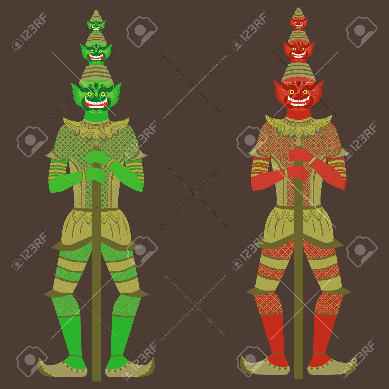 タイ寺院守護者巨大なタイ Yaksha 鬼像 バンコク アジア精神彫刻の仏教のシンボル のイラスト素材 ベクタ Image