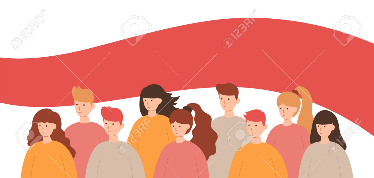 Group of people on the background of a Belarus opposition white-red-white flag. Protest from dictatorship, support for human rights. Vector illustration in a flat style. - 160754331 Group of people on the background of a Belarus opposition white-red-white flag. Protest from dictatorship, support for human rights. Vector illustration in a flat style. - 160754331