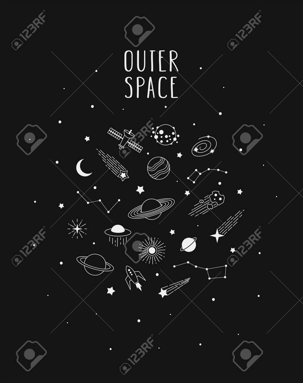 Hand drawn vector doodle of Space: planets, comets, constellations, rocket, satellite, stars and other. Nignt sky sketch illustration for t-shirt prints, posters, postcards and other designs. - 168597242 Hand drawn vector doodle of Space: planets, comets, constellations, rocket, satellite, stars and other. Nignt sky sketch illustration for t-shirt prints, posters, postcards and other designs. - 168597242