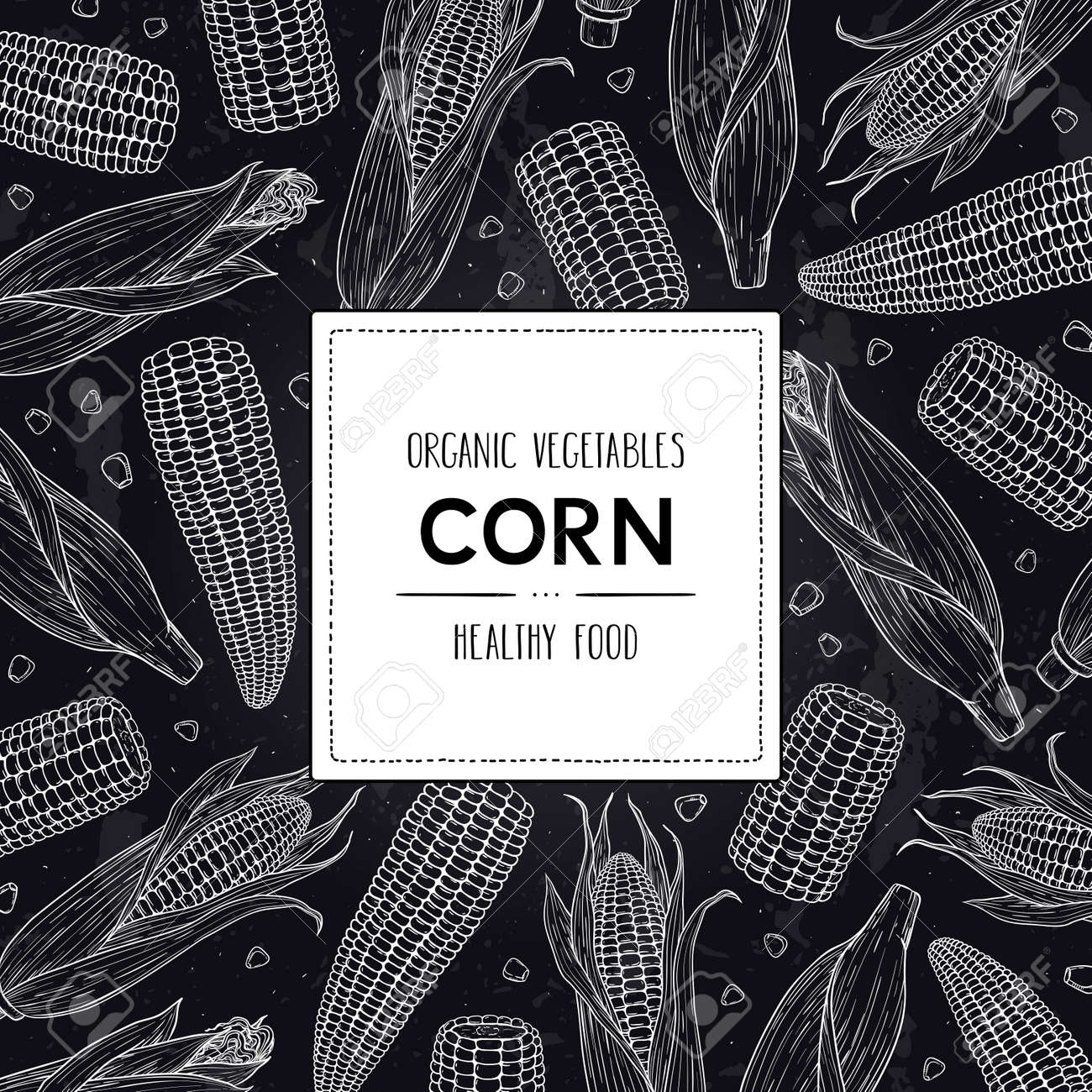 Vector hand drawn doodle frame with organic corn cobs, grain and label. Healthy sketch cereal illustration in chalkboard style. - 168597305 Vector hand drawn doodle frame with organic corn cobs, grain and label. Healthy sketch cereal illustration in chalkboard style. - 168597305