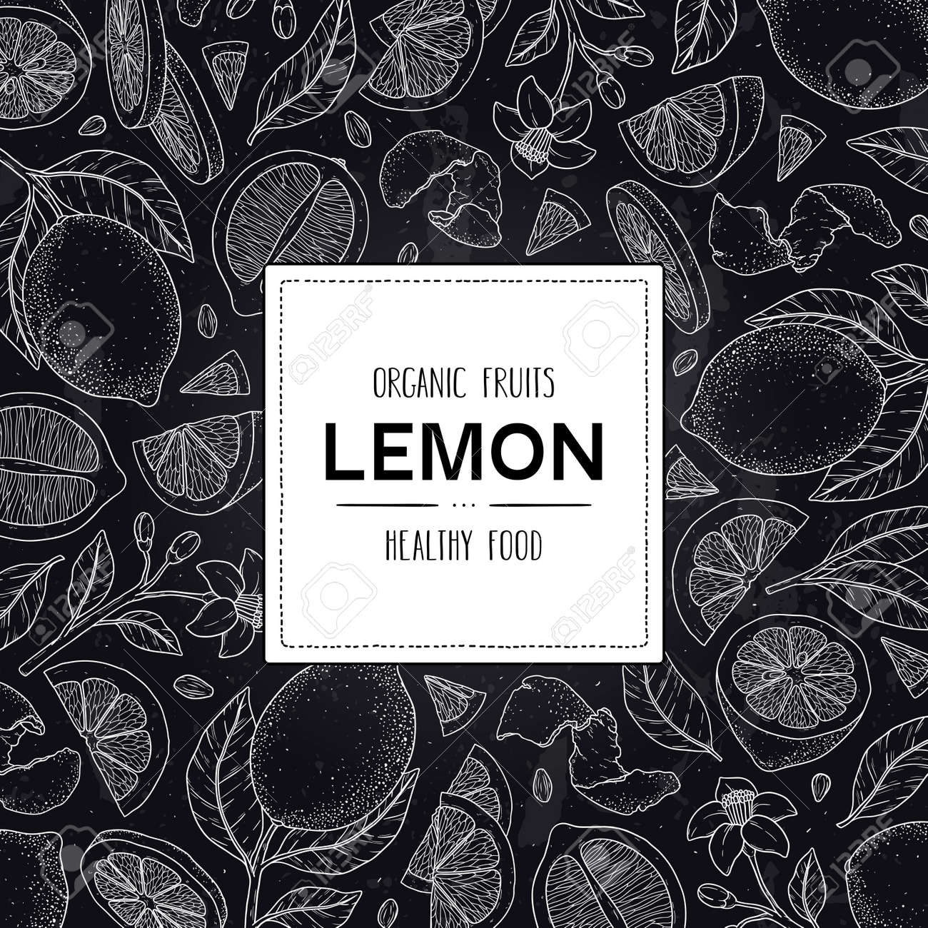 Vector chalkboard style frame with organic whole lemon, slices pieces, half, seed, flower, leaves and label. Citrus hand drawn doodle sketch illustration. - 168597338 Vector chalkboard style frame with organic whole lemon, slices pieces, half, seed, flower, leaves and label. Citrus hand drawn doodle sketch illustration. - 168597338