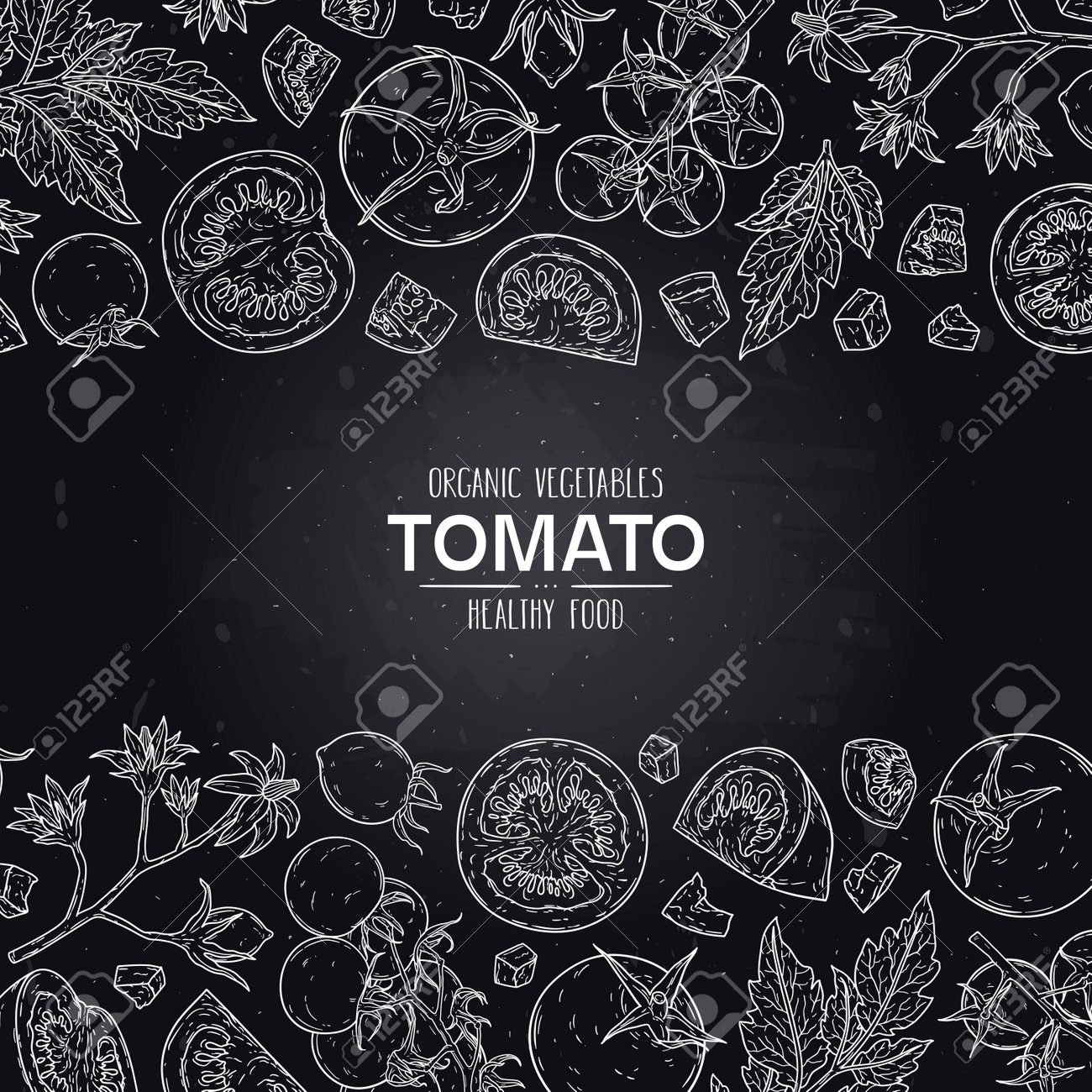 Vector hand drawn frame with organic tomatoes, slices, half, flower, branch with leaves and cherry tomatoes. Healthy doodle sketch illustration in chalkboard style. - 168597402 Vector hand drawn frame with organic tomatoes, slices, half, flower, branch with leaves and cherry tomatoes. Healthy doodle sketch illustration in chalkboard style. - 168597402