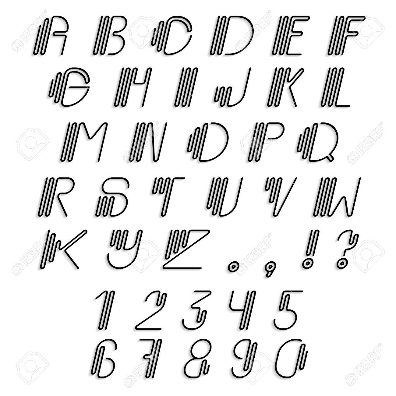 オリジナルの湾曲したラテン系のアルファベットのセット 線形の斜体の大文字 数字 句読点 モダンなフォントは英語影薄い字です ビンテージ アールデコ タイポグラフィ スタイルの現代的なビジョンのイラスト素材 ベクタ Image