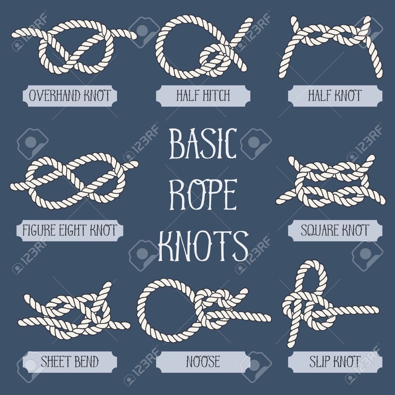 Set Of Nautical Rope Knots. Basic Marine Knots. Illustration For Navy And  Nautical Design. Hand Drawn Rope Knots. Vintage Elements For Posters,  Prints And Logo. Most Used Nautical Rope Knots Bundle Royalty, image size:1300x1300
