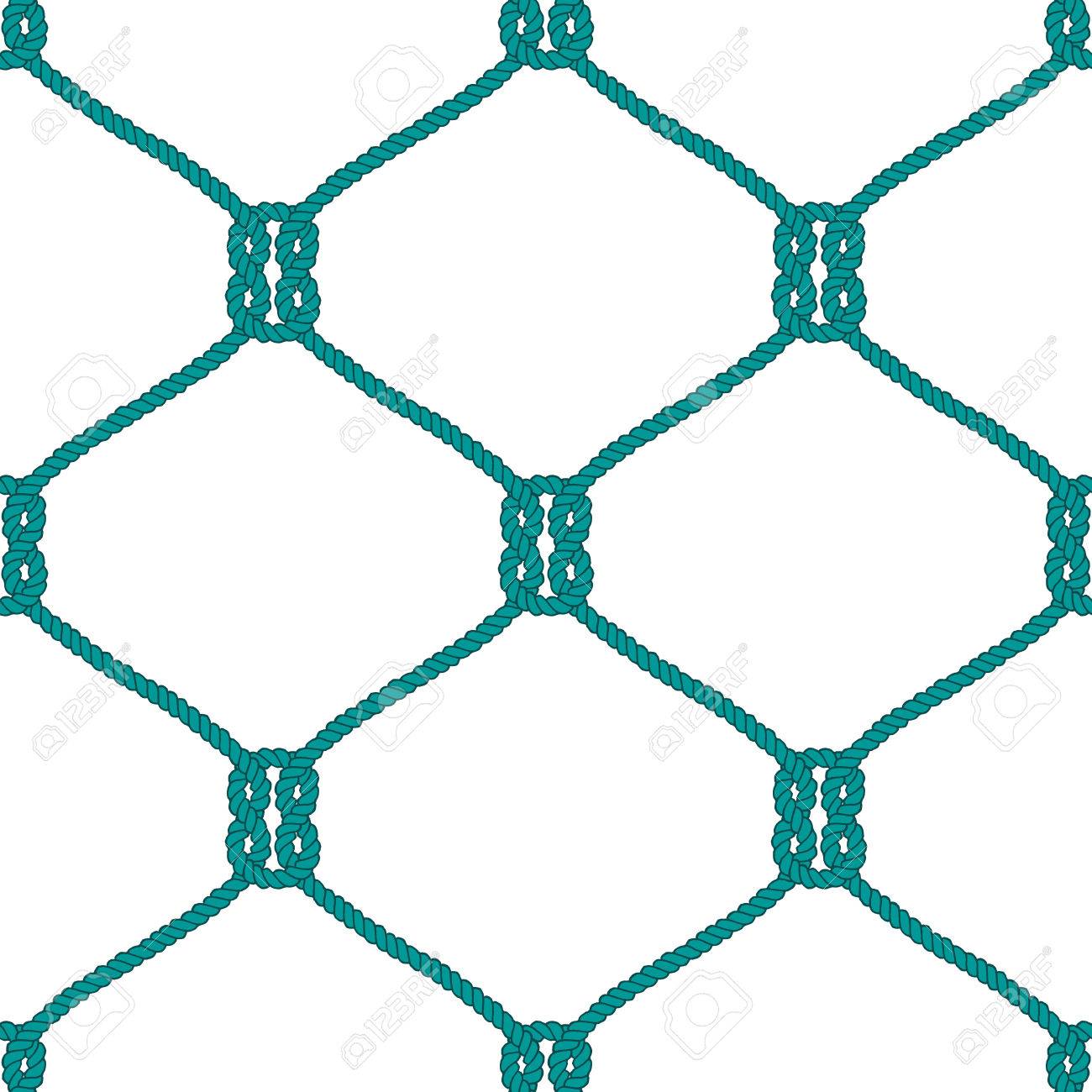 シームレスな航海ロープ結び目模様 グリーン ネットの飾りと白い背景で海洋のノットを釣りと無限の海軍イラスト トレンディな海洋スタイルの背景 ファブリック 壁紙 ラッピングします のイラスト素材 ベクタ Image