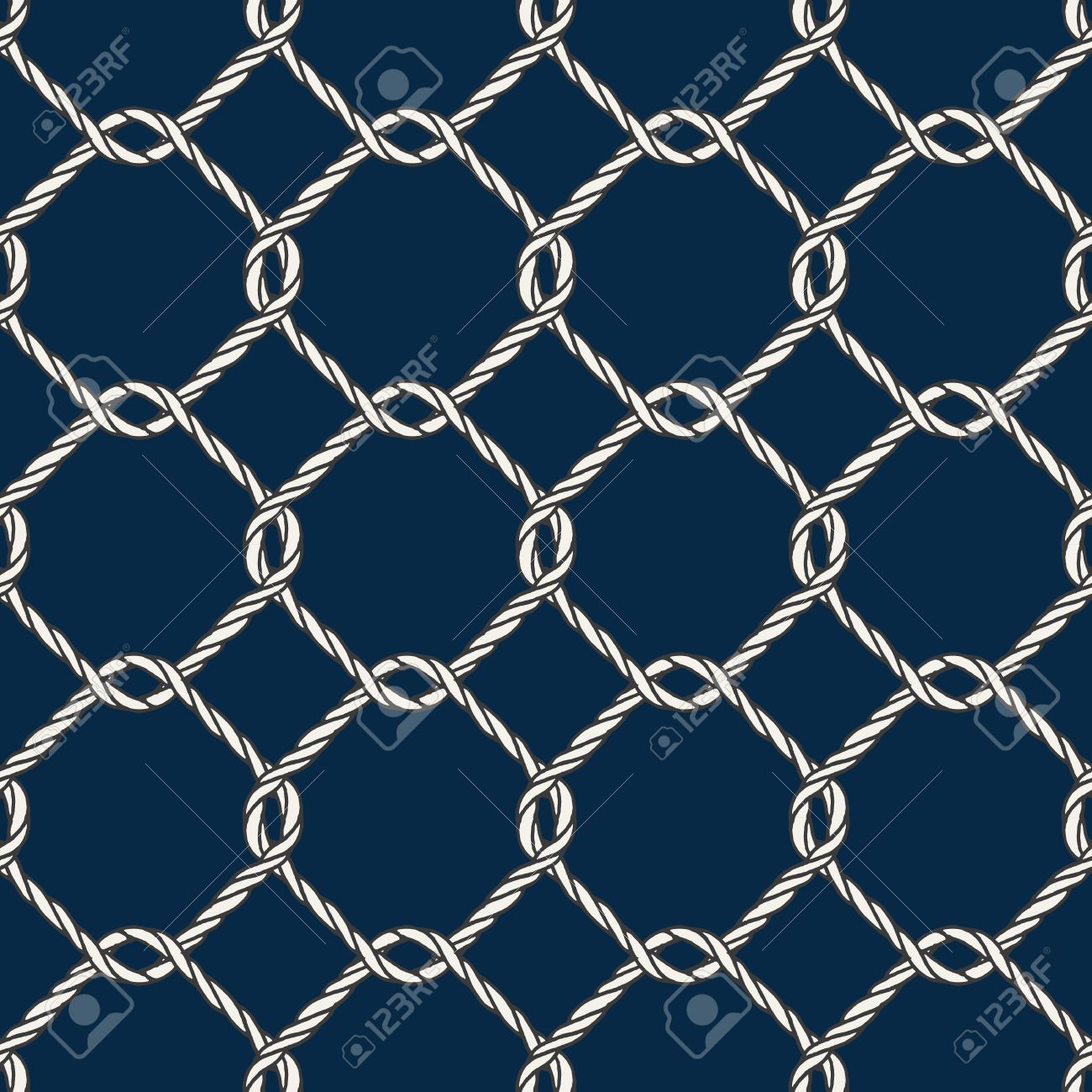 シームレスな航海ロープ結び目模様 釣りネット飾りと暗い青色の背景にツイスト コード白無限海軍イラスト トレンディな海洋スタイルの背景 ファブリック 壁紙 ラッピングののイラスト素材 ベクタ Image