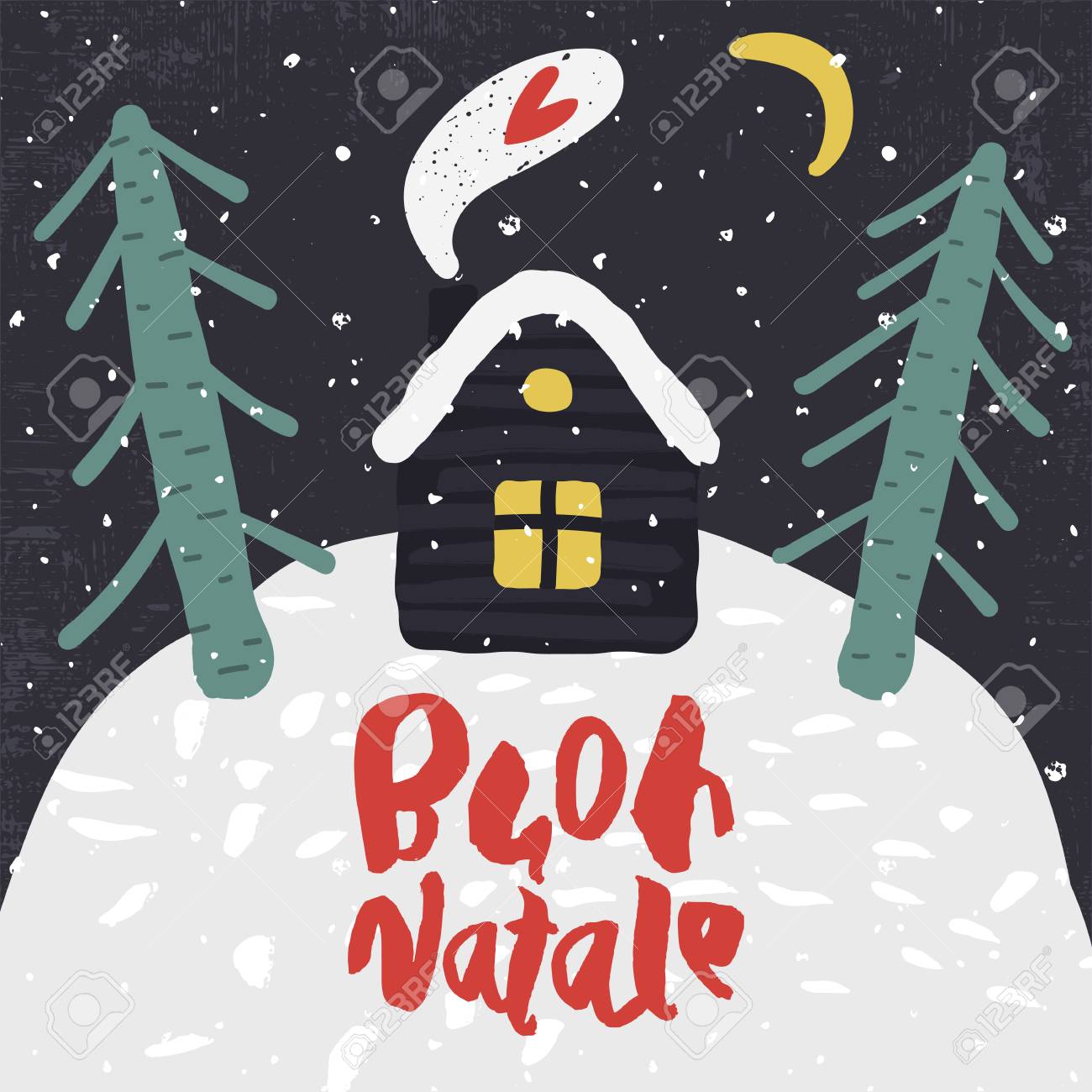Jolie Carte De Voeux Decorative Avec Maison Et Arbres Sur La Colline Affiche De Noel A La Mode Enfantine Illustration De Vecteur Texture Colore Avec Des Lettres Manuscrites Joyeux Noel En Italien Jolie Carte De Voeux Decorative Avec Maison Et Arbres Sur La Colline Affiche De Noel A La Mode Enfantine Illustration De Vecteur Texture Colore Avec Des Lettres Manuscrites Joyeux Noel En Italien