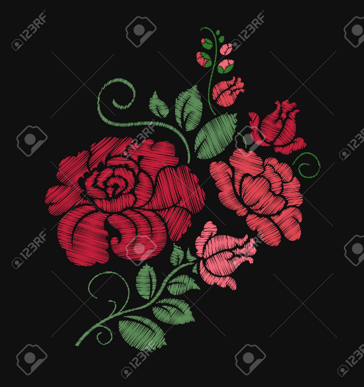 刺繍の赤いバラのイラスト素材 ベクタ Image