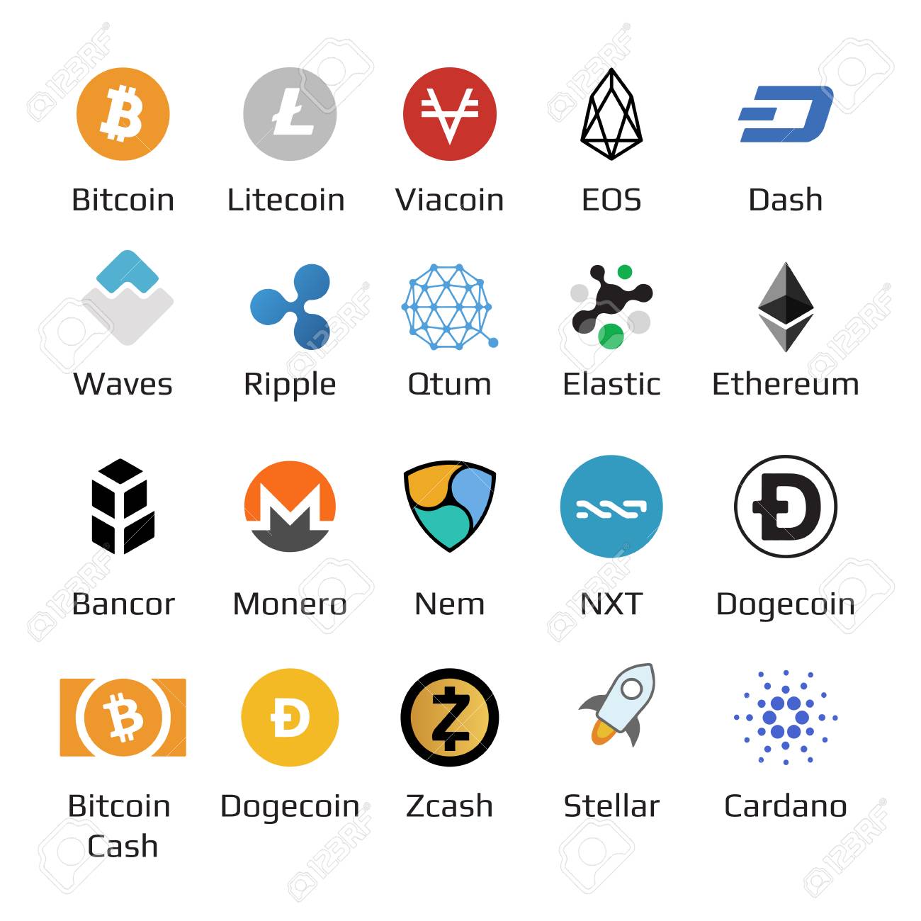 暗号通貨ロゴの大きなセットビットコイン、ネム、ダッシュ、ライトコイン、モネロ、イーテリアム、ダッシュリップルと他のベクトルのイラストのイラスト素材・ベクター  Image 97418375